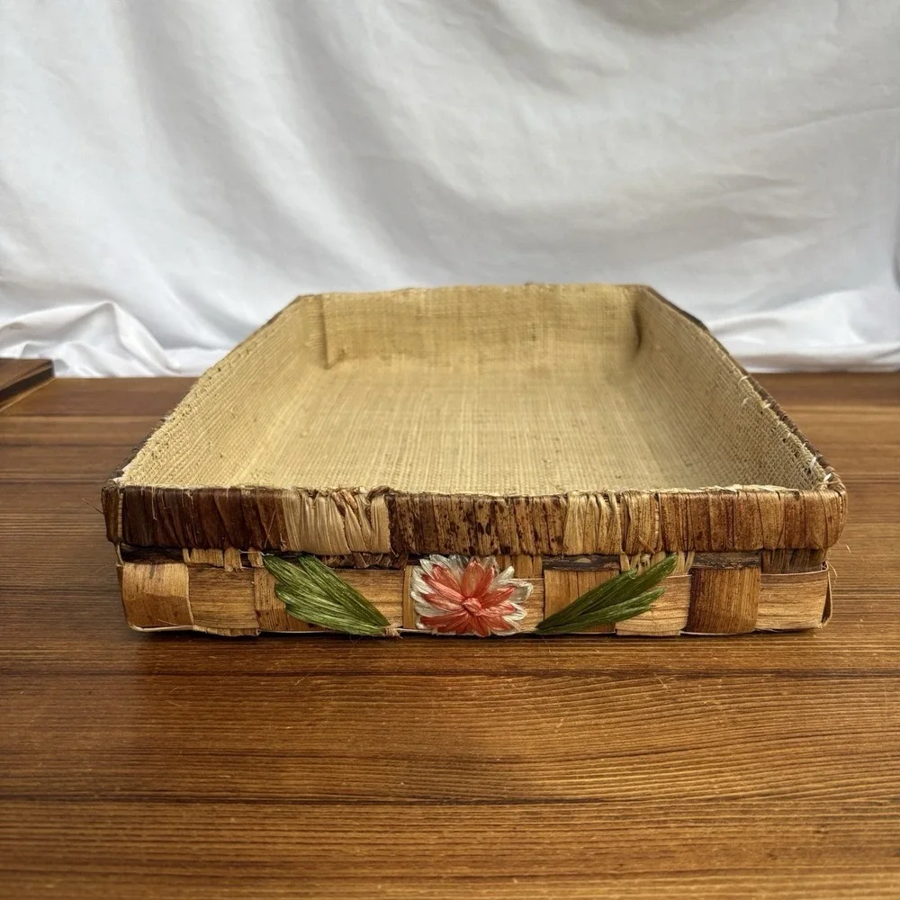 Vintage Rustic Bark Look Decorative Basket Tray Floral Trim Burlap Lined Decor